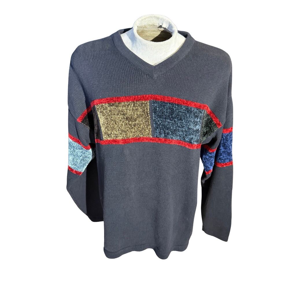 Cousin Johnny Sweater Men’s Large Vintage Made in USA Color Block Knit Retro